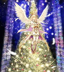 Rule 34 | 1girl, angel wings, boots, brown eyes, candle, cape, catbell, christmas, christmas tree, dress, feathers, hat, long hair, md5 mismatch, midair, original, ornament, solo, stained glass, white dress, white feathers, white wings, window, wings