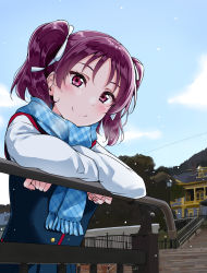 Rule 34 | 1girl, against railing, arm rest, blue scarf, blue sky, blue vest, blush, brick wall, building, cloud, crossed arms, day, fence, hair ribbon, highres, kazuno leah, leaning forward, long sleeves, looking at viewer, love live!, love live! sunshine!!, nail polish, outdoors, plaid, plaid scarf, purple eyes, purple hair, railing, ribbon, scarf, school uniform, shirt, sky, smile, snow, snowing, solo, stairs, tree, twintails, upper body, vest, white ribbon, white shirt, yopparai oni