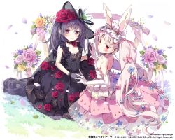 Rule 34 | 2girls, animal ears, bare shoulders, black dress, blue flower, blush, breasts, character request, closed mouth, collarbone, colored eyelashes, dress, elbow gloves, flower, gloves, grey gloves, hair between eyes, hair flower, hair ornament, hat, highres, interlocked fingers, kai-ri-sei million arthur, long hair, million arthur (series), multiple girls, nyanya, official art, petals, pink flower, pink hair, pink skirt, pleated skirt, purple eyes, purple hair, rabbit ears, red eyes, red flower, red rose, rose, rose petals, see-through, shirt, skirt, sleeveless, sleeveless dress, small breasts, smile, strapless, twintails, very long hair, watermark, white background, white flower, white gloves, white shirt, yellow flower, yellow rose