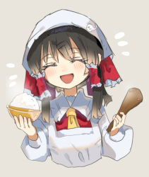 Rule 34 | 1girl, :d, adapted costume, ascot, bowl, closed eyes, commentary request, cropped torso, eyelashes, frilled hair tubes, frilled shirt collar, frills, grey background, hair tubes, hakurei reimu, hands up, happy, head scarf, hitodama, holding, holding bowl, holding spoon, light blush, long sleeves, notice lines, open mouth, puffy long sleeves, puffy sleeves, ramochi, rice bowl, short hair with long locks, sidelocks, simple background, smile, solo, spoon, touhou, yellow ascot