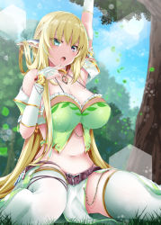 Rule 34 | 1girl, :o, arm up, armpits, bare shoulders, belt, blonde hair, blue eyes, blurry, bokeh, braid, breasts, brooch, choker, cleavage, crop top, day, depth of field, detached sleeves, elf, frills, gold trim, hand up, heterochromia, jewelry, large breasts, long hair, looking at viewer, midriff, navel, open mouth, original, outdoors, pelvic curtain, pointy ears, purple eyes, revealing clothes, shirosuzu, sidelocks, sitting, solo, spaghetti strap, stomach, strap gap, thighhighs, thighs, tree, very long hair, wariza, white thighhighs