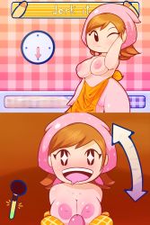 Rule 34 | 1girl, apron, arrow (projectile), black eyes, blush, breasts, breasts squeezed together, cleft of venus, cooking mama, cowboy shot, disembodied penis, drooling, english text, erection, gameplay mechanics, hand to head, hand up, highres, inverted nipples, large breasts, looking at viewer, mama (cooking mama), multiple views, mystical (plantpenetrator), naked apron, nipples, one eye closed, open mouth, orange hair, oven mitts, penis, pov, pussy, simple background, smile, standing, sweat, teeth, text focus, uncensored, wink