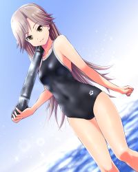 Rule 34 | 1girl, absurdres, arashio (kancolle), arena (company), beach, black one-piece swimsuit, blue sky, breasts, brown eyes, brown hair, cloud, cloudy sky, collarbone, competition school swimsuit, competition swimsuit, cowboy shot, day, dutch angle, graphite (medium), hair between eyes, highres, kantai collection, long hair, looking at viewer, mechanical pencil, ocean, one-piece swimsuit, pencil, school swimsuit, sky, small breasts, smile, solo, standing, swimsuit, tennouji masamichi, torpedo, traditional media, water, yellow eyes