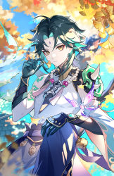 Rule 34 | 1boy, absurdres, ahoge, aqua hair, arm tattoo, armor, bead necklace, beads, black hair, blue butterfly, blue sky, blurry, blurry background, bug, butterfly, commentary request, cowboy shot, crackingtaro, day, detached sleeves, eyeshadow, facial mark, genshin impact, ginkgo leaf, gloves, green gloves, hand up, highres, insect, jewelry, knee up, leaf, leaning back, makeup, male focus, multicolored hair, necklace, outdoors, parted bangs, purple butterfly, red eyes, serious, shirt, short hair, shoulder armor, shoulder spikes, sidelocks, sky, slit pupils, spikes, tassel, tattoo, tree, two-tone hair, white shirt, white sleeves, wide sleeves, xiao (genshin impact), yellow eyes