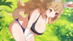 bad_tag blonde_hair blush breasts carrot curvy eating hair_between_eyes huge_breasts large_breasts looking_to_the_side naho_(beyond_the_portal_islands_salvation) pov rabbit_ears rabbit_tail red_eyes sitting tank_top