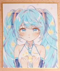 Rule 34 | 1girl, aqua hair, aqua nails, aqua necktie, bare shoulders, black sleeves, blue eyes, collared shirt, commentary, detached sleeves, drawing kanon, hair ornament, hatsune miku, highres, long hair, looking at viewer, nail polish, necktie, parted lips, shikishi, shirt, simple background, sleeveless, sleeveless shirt, solo, star (symbol), straight-on, traditional media, twintails, upper body, vocaloid, white background, white shirt