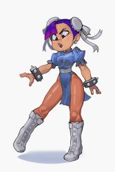 Rule 34 | 1girl, alternate costume, bad id, bad pixiv id, black eyes, blue dress, boots, bracelet, breasts, brown pantyhose, bun cover, capcom, china dress, chinese clothes, chun-li, chun-li (cosplay), commentary request, cosplay, cross-laced footwear, double bun, dress, earrings, full body, glitch techs, hair bun, highres, jewelry, knee boots, long hair, miko kubota, pantyhose, pelvic curtain, puffy short sleeves, puffy sleeves, purple hair, sash, shimetsukage, short sleeves, simple background, small breasts, solo, spiked bracelet, spikes, standing, street fighter, thick thighs, thighs, white background, white footwear