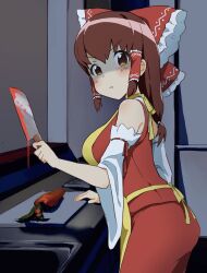 Rule 34 | 1girl, apron, blood, bloody knife, blush, bow, breasts, brown eyes, brown hair, carrot, closed mouth, commentary request, cookie (touhou), cowboy shot, cutting board, detached sleeves, frilled bow, frilled hair tubes, frills, frown, hair bow, hair tubes, hakurei reimu, highres, holding, holding knife, indoors, kanna (cookie), kitchen knife, knife, large breasts, long hair, looking at viewer, looking to the side, medium bangs, pura (aiueo256375), red bow, red shirt, red skirt, shaded face, shirt, sidelocks, sink, skirt, sleeveless, sleeveless shirt, solo, touhou, v-shaped eyebrows, white sleeves, wide sleeves, yellow apron