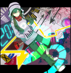 Rule 34 | 1girl, bad id, bad pixiv id, casual, green hair, hands in pocket, hood, hoodie, jitter, jitter-bug-008, kagerou project, kido tsubomi, letterboxed, long hair, looking at viewer, mekakushi code (vocaloid), red eyes, shoes, solo, vocaloid