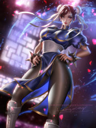 Rule 34 | 1girl, artist name, aura, black pantyhose, blurry, blurry background, boots, bracelet, brown hair, bun cover, capcom, chinese clothes, chun-li, commentary, double bun, earrings, english commentary, grey eyes, hair bun, hair ribbon, hands on own hips, highleg, highres, jewelry, knee boots, liang xing, looking at viewer, pantyhose, parted lips, patreon username, pelvic curtain, petals, puffy short sleeves, puffy sleeves, ribbon, short sleeves, solo, spiked bracelet, spikes, standing, street fighter, watermark, web address, white footwear, window