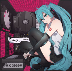 Rule 34 | 1girl, black footwear, black skirt, blue eyes, blue hair, blue nails, boots, closed mouth, commentary, computer, detached sleeves, expressionless, hand fan, hatsune miku, headphones, headset, high heel boots, high heels, highres, hugging own legs, igo miku, long hair, looking at viewer, mini person, minigirl, nail polish, necktie, own hands together, pleated skirt, shirt, skirt, sleeveless, sleeveless shirt, solo, tattoo, thigh boots, thighhighs, twintails, very long hair, vocaloid, zettai ryouiki