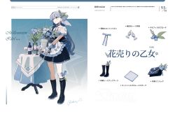 Rule 34 | 1girl, alternate costume, apron, aqua eyes, black footwear, black skirt, blue hair, boots, bottle, cross-laced footwear, cup, drinking glass, flower pot, frilled apron, frills, full body, hair between eyes, head wings, highres, holding, holding flower pot, honkai: star rail, honkai (series), knee boots, knee strap, long hair, looking to the side, parted lips, poro (apom6n), robin (honkai: star rail), shirt, short sleeves, skirt, solo, standing, white apron, white shirt, white wings, wings