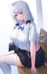 Rule 34 | 1girl, 1other, azur lane, bag, black skirt, blue bow, blue bowtie, blue eyes, blush, bow, bowtie, breasts, closed mouth, collared shirt, from side, futon fly away, hair ornament, highres, illustrious (azur lane), large breasts, long hair, looking at viewer, looking to the side, miniskirt, mole, mole under eye, pleated skirt, shirt, short sleeves, shoulder bag, sitting, skirt, smile, solo focus, thighhighs, thighs, white hair, white shirt, white thighhighs