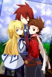 Rule 34 | 00s, 1girl, 2boys, belt, blonde hair, blue eyes, brown eyes, brown hair, cloud, colette brunel, closed eyes, grass, grin, happy, kratos aurion, lloyd irving, long hair, multiple boys, open mouth, photo (object), red hair, short hair, smile, suspenders, tales of (series), tales of symphonia, v, wink
