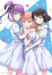 3girls :o \||/ aqua_eyes aqua_neckerchief artist_name black_hair blue_background blue_dress blunt_bangs blunt_ends blush breast_pocket cerise_bouquet closed_mouth commentary_request crossed_bangs dress feet_out_of_frame flower flower_knot girl_sandwich green_eyes hair_bun hair_flower hair_ornament hand_on_another&#039;s_shoulder hasu_no_sora_school_uniform height_difference highres hinoshita_kaho link!_like!_love_live! lone_nape_hair long_hair looking_at_viewer love_live! medium_dress medium_hair momose_ginko multicolored_background multiple_girls neckerchief open_mouth orange_hair otomune_kozue pleated_dress pocket puffy_short_sleeves puffy_sleeves purple_hair rabbit_hair_ornament red_flower red_neckerchief sailor_collar sailor_dress sakurai_makoto_(custom_size) sandwiched school_uniform short_hair short_sleeves side_ponytail sidelocks single_side_bun smile standing summer_uniform two_side_up virtual_youtuber white_background white_sailor_collar yellow_neckerchief