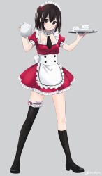 Rule 34 | 10s, 1girl, alternate costume, apron, black eyes, black footwear, black hair, black socks, commentary, cup, detached collar, enmaided, full body, grin, hair ornament, ica, kantai collection, kneehighs, looking at viewer, maid, maid headdress, necktie, plate, sendai (kancolle), shoes, side ponytail, simple background, single kneehigh, single sock, single thighhigh, smile, socks, solo, standing, teacup, teapot, thighhighs, twitter username