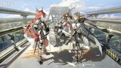 Rule 34 | 4girls, animal ears, arknights, arm guards, armor, armored boots, arrow (projectile), ashlock (arknights), belt, belt pouch, black gloves, black legwear, black scarf, black shorts, black skirt, boots, bridge, brown hair, character request, city, closed mouth, commentary, company name, copyright name, day, dress, ear ornament, elbow gloves, elbow pads, english commentary, fartooth (arknights), faulds, feather hair, flametail (arknights), full body, glint, gloves, green eyes, hand on own hip, helmet, highres, holding, holding polearm, holding sword, holding weapon, knee boots, knee pads, lance, long hair, long sleeves, looking at viewer, mask, mask around neck, miniskirt, multiple girls, official art, on one knee, outdoors, polearm, ponytail, pouch, puffy long sleeves, puffy sleeves, red dress, red eyes, scarf, shield, shirt, shorts, silver hair, skirt, smile, standing, sword, tail, tamomoko, thigh pouch, thigh strap, thighhighs, very long hair, weapon, white shirt, wild mane (arknights), yellow eyes