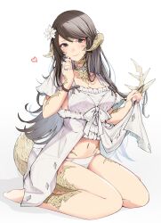 Rule 34 | 1girl, absurdres, au ra, barefoot, bow, breasts, brown eyes, brown hair, cleavage, clothes lift, collarbone, curled horns, dragon girl, dragon horns, dragon tail, dress, dress bow, final fantasy, final fantasy xiv, flower, frilled dress, frills, from side, full body, hair flower, hair ornament, hand up, heart, highres, holding, holding own hair, horns, jewelry, long hair, looking at viewer, medium breasts, mokokoiro, navel, panties, pendant, pink nails, ring, scales, seiza, short sleeves, simple background, sitting, skirt, skirt lift, smile, solo, spiked tail, straight hair, swept bangs, tail, underwear, warrior of light (ff14), white background, white dress, white flower, white panties