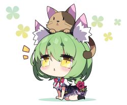 Rule 34 | 1girl, animal, animal ear fluff, animal ears, animal on head, arm support, black socks, blush, braid, breasts, cat, chibi, colored shadow, commentary request, copyright request, floral background, green hair, hair between eyes, highres, long hair, medium breasts, milkpanda, on head, parted lips, plaid, plaid skirt, pleated skirt, puffy short sleeves, puffy sleeves, shadow, shirt, short eyebrows, short sleeves, single braid, skirt, socks, solo, thick eyebrows, white background, white shirt, yellow eyes