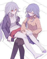Rule 34 | 2girls, aran sweater, black jacket, blue skirt, brown pantyhose, brown sweater, cable knit, cellphone, closed mouth, commentary request, couch, feet out of frame, fu hua, glasses, grey hair, highres, holding, holding phone, honkai (series), honkai impact 3rd, jacket, multicolored hair, multiple girls, no shoes, off shoulder, on couch, open clothes, open jacket, pantyhose, phone, pleated skirt, pulling another&#039;s clothes, red-framed eyewear, red eyes, red skirt, semi-rimless eyewear, shirt, sitting, sitting on lap, sitting on person, skirt, soles, streaked hair, sweater, thighhighs, thighhighs pull, turtleneck, turtleneck sweater, under-rim eyewear, white hair, white shirt, white thighhighs, zhaonan