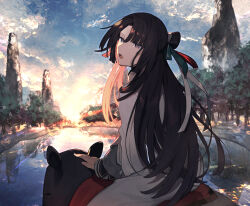 Rule 34 | 1boy, animal, black hair, chinese clothes, cloud, cloudy sky, fate/grand order, fate (series), from behind, hair bun, headpat, highres, long hair, long sleeves, looking at viewer, looking back, male focus, mountain, open mouth, purple eyes, riding, riding animal, sayu (kamicimo), sibuxiang (fate), single side bun, sky, solo focus, tai gong wang (fate), tapir, tree, white hanfu
