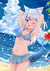 Rule 34 | 1girl, ;d, adjusting hair, animal ears, armpits, arms behind head, arms up, beach, bikini, blue bikini, blue eyes, blue sky, blunt bangs, breasts, cat ears, cleavage, cloud, cloudy sky, collarbone, commentary request, fins, fish tail, flower, gawr gura, hololive, hololive english, horizon, kemonomimi mode, long hair, looking at viewer, m ko (maxft2), midriff, navel, ocean, one eye closed, open mouth, pleated skirt, polka dot, polka dot bikini, side-tie bikini bottom, sidelocks, silver hair, skirt, sky, small breasts, smile, solo, swimsuit, tail, thighs, virtual youtuber, water drop