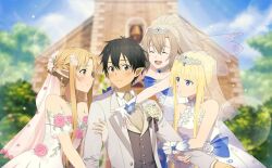 Rule 34 | 1boy, 3girls, :d, ^ ^, alice zuberg, arm grab, asuna (stacia), black eyes, blonde hair, blue eyes, blurry, blurry background, blush, breasts, bridal veil, brown eyes, brown hair, cleavage, closed eyes, closed mouth, collarbone, day, diadem, dress, earrings, eydis (sao), fingerless gloves, flower, gloves, grey vest, jacket, jewelry, kirito, kirito (sao-alo), lens flare, long hair, long sleeves, looking at another, medium breasts, multiple girls, necklace, open clothes, open jacket, open mouth, outdoors, pink flower, pink rose, pointy ears, rose, shirt, short hair with long locks, sidelocks, sleeveless, sleeveless dress, smile, strapless, strapless dress, sword art online, veil, very long hair, vest, wedding dress, white dress, white gloves, white jacket, white shirt
