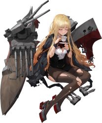 Rule 34 | 1girl, artist request, black jacket, black pantyhose, black skirt, blonde hair, blue oath, blunt bangs, blush, breasts, cleavage, closed eyes, closed mouth, cup, damaged, highres, holding, holding cup, holding plate, jacket, jacket on shoulders, large breasts, long hair, official art, pantyhose, plate, prince of wales (blue oath), rigging, sitting, skirt, solo, sweat, teacup, thighband pantyhose, torn clothes, torn pantyhose, transparent background, wrist cuffs