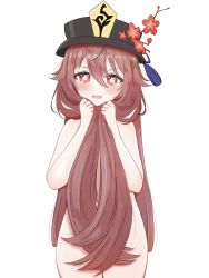 Rule 34 | 1girl, black hat, blush, brown hair, completely nude, cowboy shot, embarrassed, fang, flower, genshin impact, hair censor, hair over breasts, hair over crotch, half-closed eyes, hand in own hair, hat, hat flower, highres, hu tao (genshin impact), long hair, nude, open mouth, red eyes, se pex, simple background, solo, symbol-shaped pupils, tears, top hat, very long hair, wavy mouth, white background