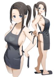 Rule 34 | 1girl, :d, apron, ass, black hair, blue eyes, breasts, cleavage, commentary request, grey apron, highres, large breasts, looking at viewer, naked apron, open mouth, original, side ponytail, sideboob, sidelocks, slippers, smile, standing, thighs, tying apron, yuu (yuu ammy)