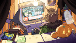 Rule 34 | 1boy, 1girl, 1other, animal ears, birdcage, book, box, brown hair, cage, cardboard box, commentary request, couch, curtains, from behind, fur-trimmed jacket, fur trim, ghost, green jacket, halloween, halloween costume, hat, highres, holding, jacket, jar, kojiro337, long hair, nintendo switch, original, pumpkin, red eyes, sitting, television, watching television, witch, witch hat