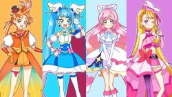 Rule 34 | 1boy, 3girls, blonde hair, blue background, blue eyes, blue hair, blush, bow, brown hair, check commentary, check translation, commentary request, cure butterfly, cure prism, cure sky, cure wing, dress, flat chest, hair ornament, hat, highres, hijiri ageha, hirogaru sky! precure, long hair, long sleeves, looking at viewer, magical boy, magical girl, multiple girls, nijigaoka mashiro, one eye closed, open mouth, orange background, pink background, pink hair, precure, simple background, skirt, smile, sora harewataru, translation request, user ughu2584, very long hair, yuunagi tsubasa