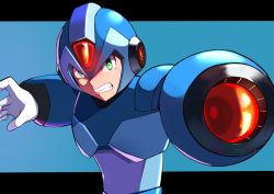 Rule 34 | 1boy, absurdres, android, arm cannon, armor, blue armor, chinese commentary, clenched teeth, green eyes, hand up, helmet, highres, looking at viewer, male focus, mega man (series), mega man x (series), open mouth, robot, serious, shadow, solo, teeth, two-tone background, upper body, weapon, x (mega man), ylong