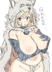 Rule 34 | 1girl, arm under breasts, armored gloves, berserker (granblue fantasy), blonde hair, blush, breasts, brown eyes, cape, djeeta (granblue fantasy), fundoshi, gauntlets, gorirago, granblue fantasy, hand on own chest, highres, japanese clothes, large breasts, looking at viewer, nipples, parted lips, pelt, short hair, simple background, solo, underwear, wolf hat