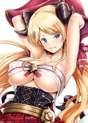 Rule 34 | 10s, 1girl, armpits, arms up, bandeau, bare shoulders, blonde hair, blue eyes, blush, breasts, collarbone, corset, cross-laced clothes, draph, eyebrows, eyelashes, fang, granblue fantasy, grin, hair ornament, hairclip, hallessena, harezena, hat, horns, kimura neito, large breasts, long hair, looking at viewer, looking to the side, low twintails, pink lips, plaid, plaid skirt, pointy ears, simple background, skirt, smile, solo, strapless, twintails, underboob, uneven eyes, upper body, white background