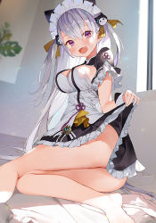 Rule 34 | 1girl, :d, animal ears, ass, barefoot, black dress, blurry, blush, breasts, clothes lift, commentary request, dress, fake animal ears, fang, frilled dress, frills, gaou (umaiyo puyoman), hair ornament, hourei tenten, lifting own clothes, long hair, looking at viewer, lying, maid, maid headdress, medium breasts, melty+, official art, open mouth, purple eyes, silver hair, skin fang, skirt, skirt lift, smile, solo, thighs, very long hair, virtual youtuber