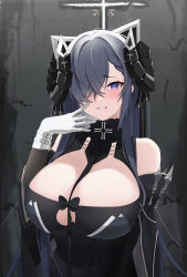 Rule 34 | 1girl, absurdres, august von parseval (azur lane), azur lane, black dress, black hair, breasts, cleavage, clothing cutout, curled horns, detached sleeves, dress, gloves, hair over one eye, hand to own mouth, highres, horns, indoors, iron blood (emblem), large breasts, long hair, looking at viewer, mechanical horns, one eye covered, smallqin, smile, solo, underboob cutout, upper body, white gloves, wide sleeves