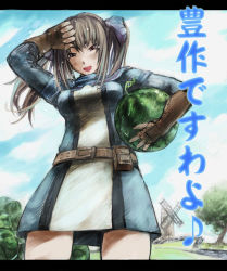 Rule 34 | 00s, 1girl, belt, blue ribbon, breasts, brown eyes, edy nelson, female focus, fingerless gloves, food, fruit, fura, gloves, grey hair, long hair, military, military uniform, nature, open mouth, outdoors, ribbon, senjou no valkyria (series), senjou no valkyria 1, sky, solo, twintails, uniform, watermelon