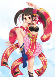 Rule 34 | 1girl, alternate hairstyle, arm up, armpits, artist request, bare shoulders, black hair, blue footwear, blush, boots, breasts, brown eyes, cleavage, cloud, cloudy sky, dragon print, female focus, fighting stance, fingernails, flower, flower on head, flower ornament, frilled skirt, frills, high heel boots, high heels, idolmaster, idolmaster cinderella girls, japanese clothes, karate, kimono, leg up, legs, long image, looking at viewer, nakano yuka, namco, neck, open mouth, outdoors, red kimono, skirt, sky, standing, standing on one leg, tall image, thighs, twintails