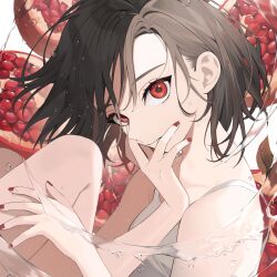 Rule 34 | 1girl, absurdres, asymmetrical bangs, asymmetrical hair, brown hair, closed mouth, cropped legs, cropped torso, food, fruit, grey tank top, hand on own face, highres, looking at viewer, medium hair, original, pomegranate, red eyes, red nails, short hair, sogawa, solo, tank top, water, white tank top