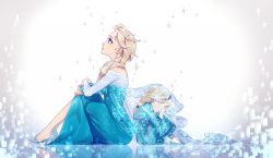 Rule 34 | 2girls, aged down, back-to-back, blonde hair, blue dress, blue eyes, braid, covering own eyes, crying, dress, elsa (frozen), frozen (disney), hairband, high heels, kazari tayu, long hair, looking up, multiple girls, profile, reflection, sequins, sitting, slippers, time paradox