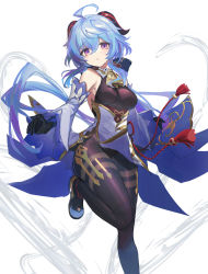 Rule 34 | 1girl, ahoge, bare shoulders, bell, black bodysuit, black sleeves, blue hair, bodysuit, commentary, cowbell, detached sleeves, flower knot, foot out of frame, full body, ganyu (genshin impact), genshin impact, goat horns, hayama eishi, highres, horns, leg up, long hair, low ponytail, mixed-language commentary, open mouth, parted lips, purple eyes, simple background, solo, very long hair, vision (genshin impact), white background, white sleeves, wide sleeves, wind