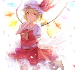 Rule 34 | 1girl, arm behind back, ascot, bad id, bad pixiv id, blonde hair, blurry, blush, bow, breasts, depth of field, flandre scarlet, frilled skirt, frills, gennnwa, hand on own chin, hat, hat bow, highres, laevatein, looking to the side, mob cap, petals, red eyes, red skirt, short sleeves, side ponytail, simple background, skirt, small breasts, smile, solo, standing, touhou, vest, white background, wings