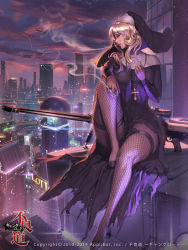 Rule 34 | 10s, 1girl, 2014, aircraft, airplane, anti-materiel rifle, barrett m82, black dress, blonde hair, breasts, building, cigarette, city, cityscape, cloud, company name, copyright name, cross, cross necklace, dress, dusk, fishnet thighhighs, fishnets, furyou michi ~gang road~, gun, habit, hand on own knee, holding, holding jewelry, hood, hyulla, jewelry, knee up, legs, lipstick, long hair, long legs, long sleeves, looking away, looking to the side, makeup, nail polish, necklace, nun, official art, outdoors, pendant, profile, rifle, ring, rooftop, scope, sitting, sky, skyscraper, smoke, smoking, sniper rifle, solo, thighhighs, thighs, torn clothes, town, watermark, weapon, wide hips