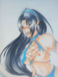 Rule 34 | 1girl, black hair, blush, breasts, brown eyes, earrings, female focus, gradient background, hair ornament, jewelry, kitana, lh aoi, long hair, midriff, mortal kombat (series), nipples, open mouth, solo, torn clothes