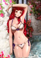 Rule 34 | 1girl, alternate costume, arm up, armpits, artist name, bikini, blurry, blurry background, breasts, choker, cleavage, closed mouth, collarbone, commentary, english commentary, esther shen, fire emblem, fire emblem engage, flower, hair ornament, lips, long hair, looking at viewer, medium breasts, navel, nintendo, orange eyes, partially submerged, pink choker, pink flower, pink lips, red hair, solo, star (symbol), star hair ornament, stomach, swimsuit, water, white bikini, yunaka (fire emblem)