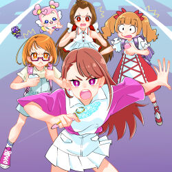 Rule 34 | 5girls, ^^^, ai-chan (dokidoki! precure), aisaki emiru, asymmetrical bangs, backpack, bag, bob cut, bow, bright pupils, brown hair, collared shirt, commentary, constricted pupils, diffraction spikes, dodory, dokidoki! precure, dress, earrings, floating, frilled sleeves, frills, frown, glaring, hair bow, hair pulled back, hijiri ageha, hirogaru sky! precure, holding, hugtto! precure, in-franchise crossover, jewelry, long hair, looking at another, looking at viewer, madoka aguri, medium hair, miniskirt, mirage pen, multiple girls, open mouth, orange eyes, orange hair, overalls, pink footwear, pink shirt, pleated skirt, precure, purple-framed eyewear, purple eyes, randoseru, red bow, red dress, red eyes, ring, semi-rimless eyewear, shirabe ako, shirt, shoes, short hair, short sleeves, skirt, sneakers, socks, solid oval eyes, standing, suite precure, t-shirt, ton (ton39342104), twintails, under-rim eyewear, v-shaped eyebrows, white overalls, white pupils, white shirt, white skirt, white socks