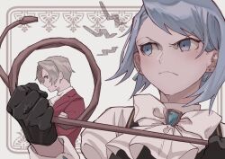 Rule 34 | 1boy, 1girl, ace attorney, ajikoshou, angry, ascot, black gloves, black vest, blue eyes, blue hair, closed mouth, collared shirt, commentary request, earrings, franziska von karma, frown, gem, gloves, grey background, grey eyes, grey hair, holding, holding whip, jacket, jewelry, juliet sleeves, long sleeves, looking at another, miles edgeworth, mole, mole under eye, profile, puffy sleeves, red jacket, shirt, short hair, sweatdrop, upper body, v-shaped eyebrows, vest, white shirt