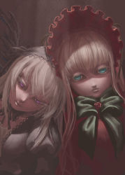 Rule 34 | bad id, bad pixiv id, blonde hair, bonnet, bow, brooch, doll, feathers, flower, green eyes, highres, jewelry, pink eyes, rose, rozen maiden, shigeyama mohachi, shinku, suigintou, white hair