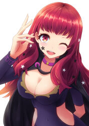 Rule 34 | 1girl, ;d, black cape, breasts, cape, cleavage, clothing cutout, commentary, covered navel, facial mark, fire emblem, fire emblem engage, hand up, highres, large breasts, long hair, looking at viewer, minamonochaba, nintendo, one eye closed, open mouth, purple shirt, red eyes, red hair, shirt, side cutout, smile, solo, star (symbol), upper body, yunaka (fire emblem)